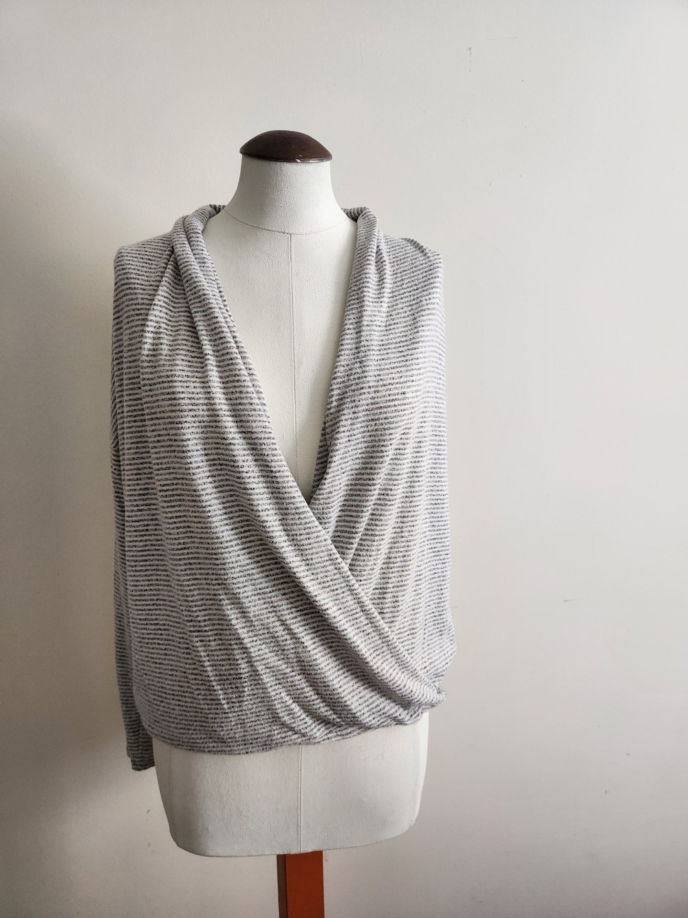Gibson Gray Striped Wrap-Front V-Neck Sweater
